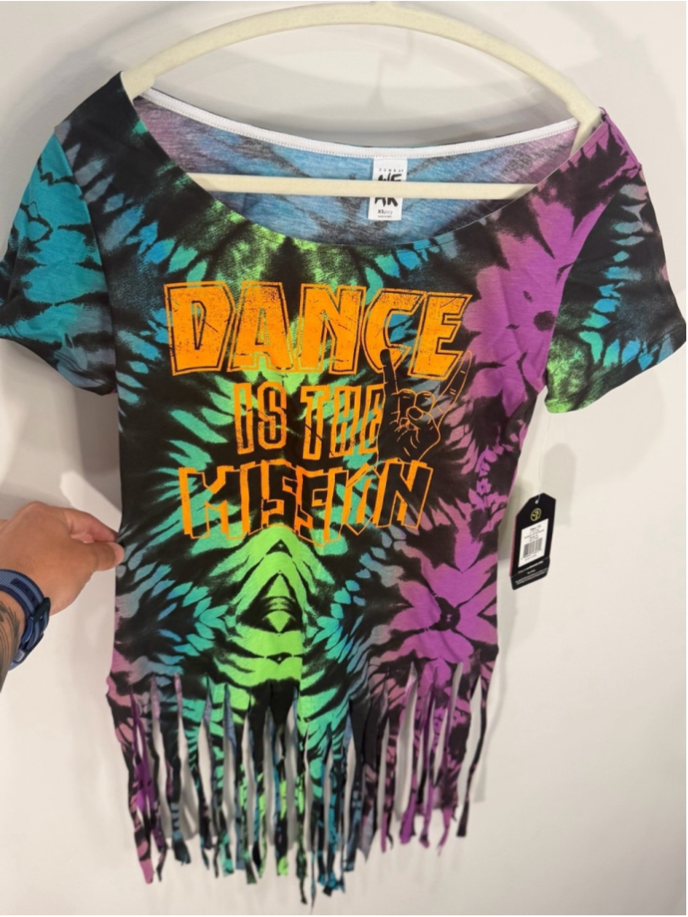 Zumba Women's XS Dance Is The Mission Off The Shoulder Slashed Tee fringe